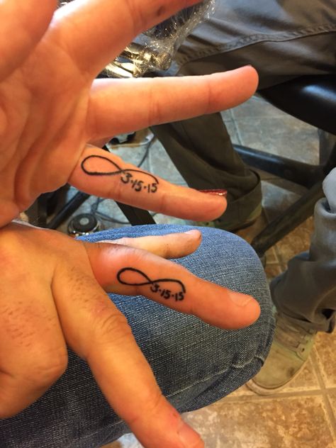 Our matching tattoos Couple Tattoos Finger, Finger Tattoo Couple, Ring Finger Tattoo Couple, Couples Holding Hands, Inner Finger Tattoo, Ring Finger Tattoo, Tattoos Finger, Tattoos Couples, Rare Tattoos