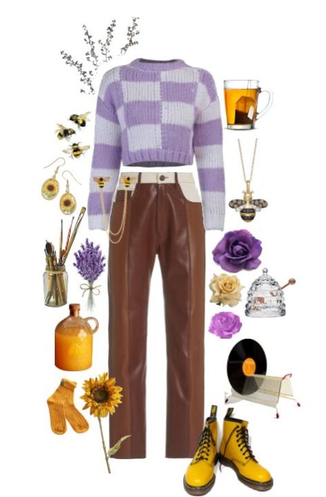 Purple Dark Academia Outfit, Purple Academia Outfit, Brown Outfit Streetwear, Bright Academia Aesthetic, Purple Academia, Avea Trotter, Maximalism Fashion, Dark Academia Aesthetic Outfit, Mustard Outfits