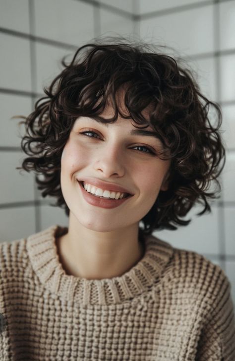 Curly Pixie Bangs, Thick Curly Pixie, Short Hair Perm With Bangs, Shag Cut Short Hair, Short Thick Curly Haircuts, Short Curly Hair With Bangs Hairstyles, Curly Short Hair Women, Short Curly Hair With Fringe, Short Curly Haircuts With Bangs