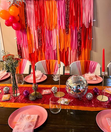 Pink And Orange Party Decorations Boho, Pink Orange Silver Party, Pink And Red Hens Theme, Pink And Orange Picnic Party, Hot Pink And Orange Birthday Party, Sunset Disco Party, Red Orange Pink Bachelorette, Red Pink Orange Party Decor, Pink And Orange Decor Birthday Parties