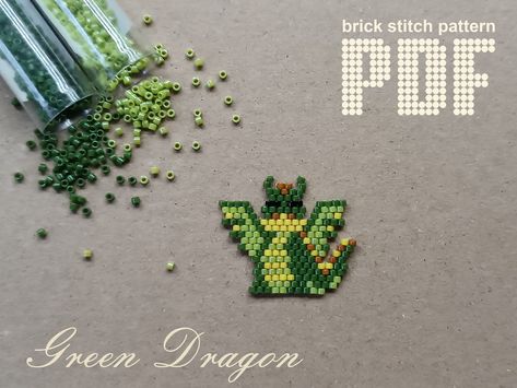 This is brick stitch beading pattern "Green Dragon" in PDF format.  It is recommended to use beads Miyuki Delica 11/0. Finished product created according to these pattern can be used as a brooch, charm, keychain, magnet or other accessory. Please note that instructions on how to stitch are not included.  You will need experience with brick stitch beading. This listing includes a PDF file with beading schematic pattern. Beading pattern includes:  - detailed Bead Legend with color, 11/0 Miyuki DB Brick Stitch Beading, Miyuki Beads Pattern, Beads Pattern, Seed Bead Pattern, Seed Beading, Brick Stitch Pattern, Seed Bead Patterns, Christmas Bead, Green Dragon