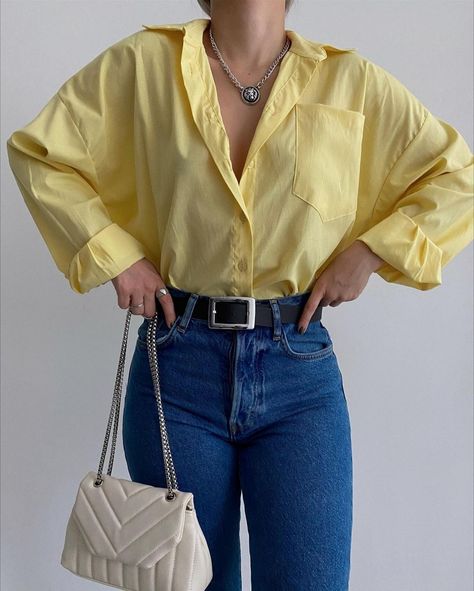 Yellow Blouse Outfit, Yellow Shirt Outfit, Canvas Tennis Shoes, Yellow Button Up Shirt, Shirt Outfit Summer, Oval Pendant Necklace, Iranian Women Fashion, House Clothes, Yellow Shirts