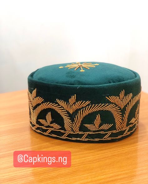 Emerald Green Beaded cap for Igbo Men And Asoebi. This cap is embroidered with gold glass beads and it can be used by groom and groomsmen for traditional wedding. This dark green beaded cap is available for sale at Capkings.ng #beadedcap #greencap #igbomencap #naijagroomsmen Green Cap, Groom And Groomsmen, Gold Glass, Bead Caps, Traditional Wedding, Emerald Green, Dark Green, Glass Beads, Emerald