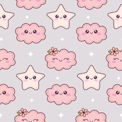 Hand drawn stars and clouds. Cute cartoon kawaii seamless pattern. Funny comic characters background for kids bedding, fabric, wallpaper, wrapping paper, textile, t-shirt print Kawaii Stars Wallpaper, Kawaii Patterns, Wall Posters Bedroom, Kawaii Theme, Clouds Cute, Background For Kids, Drawn Stars, Kawaii Pattern, Bedding Fabric