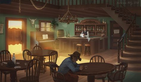 Tavern Interior, Concept Art Landscape, Interior Concept Art, Old Western Towns, Western Bar, Cowboys Bar, Western Interior, Tik Tok Videos Funny, Western Saloon