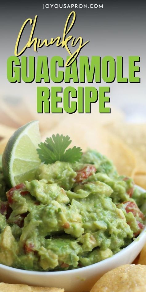 This Chunky Guacamole recipe is the perfect addition to your appetizer spread. This recipe uses fresh ingredients to create a chunky and flavorful guacamole that pairs perfectly with chips, tacos, or any Mexican dish. Quick to make and bursting with flavor, this guacamole is a must-try for any avocado lover. Chunky Guacamole Recipe, Joyous Apron, Guac Recipe, Mexican Guacamole, Chinese Chicken Salad Recipe, Homemade Guacamole Recipe, Awesome Appetizers, Guacamole Recipe Easy, Chunky Guacamole