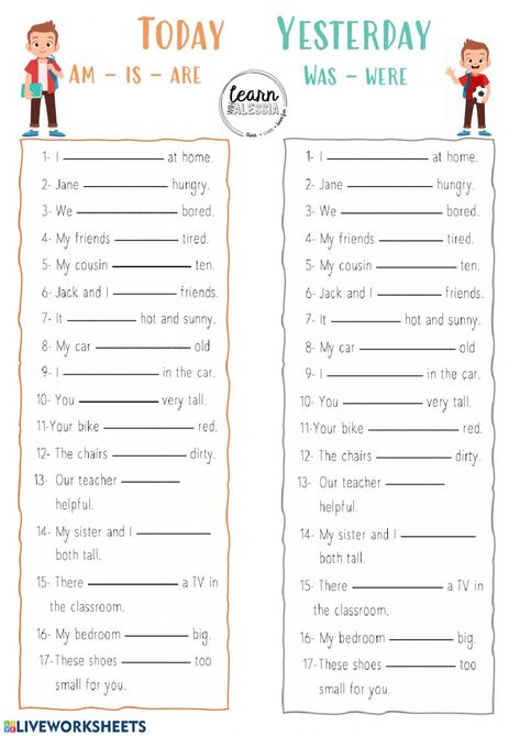 Past simple - To be - Interactive worksheet Verb To Be Past, Simple Past Tense Worksheet, Past Tense Worksheet, Verb To Be, English Grammar Exercises, English Grammar For Kids, Simple Past Tense, Grammar For Kids, Past Simple