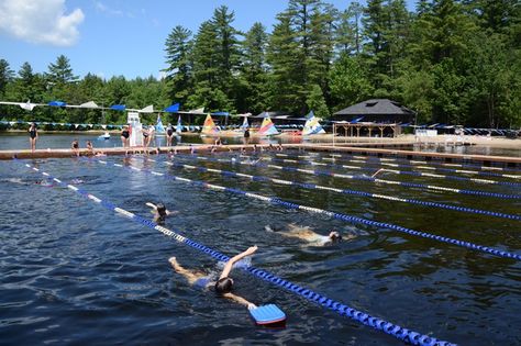 The swim lanes at Camp Pinecliffe, a girls summer camp in Harrison, Maine Camp Layout, Summer Camp Sports, Summer Camp Aesthetic, Camp Memories, Camp Aesthetic, Camping In Maine, Adventure Camp, Retreat Center, Camping Aesthetic