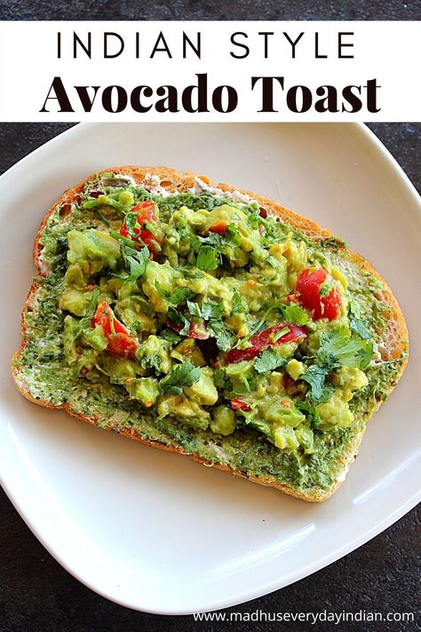 sour dough bread slathered with cream cheese, coriander mint chutney and avocado and tomato and served on a white plate. Fusion Breakfast Ideas, Avocado Toast Vegetarian, Avocado Toast Recipes Breakfast, Avocado Recipes Toast, Quick Indian Breakfast Recipes, Healthy Breakfast Recipes Indian, Hot Oil Recipe, Avocado Starter, Indian Breakfast Ideas