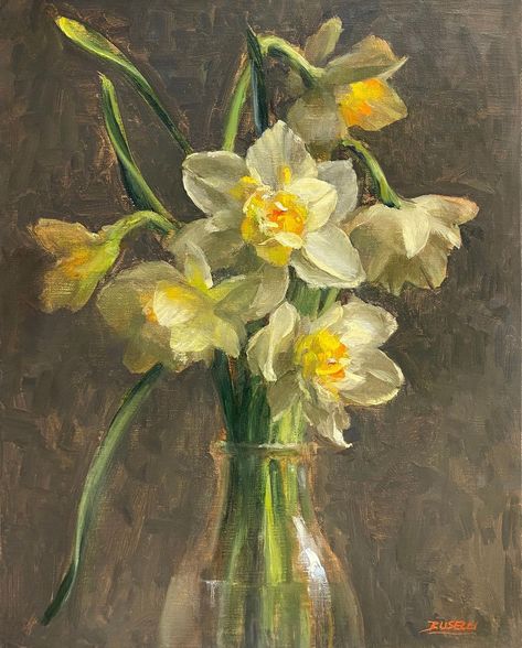 Just learned that “White Daffodils in Glass Vase” is juried into the American Impressionist Society’s 2nd Online Salon Exhibition. So… | Instagram Nyc Flower Market, White Daffodils, Nyc Artist, Seni 2d, Oil Painters, Paintings I Love, Oil Painting Flowers, Aesthetic Painting, Still Life Art