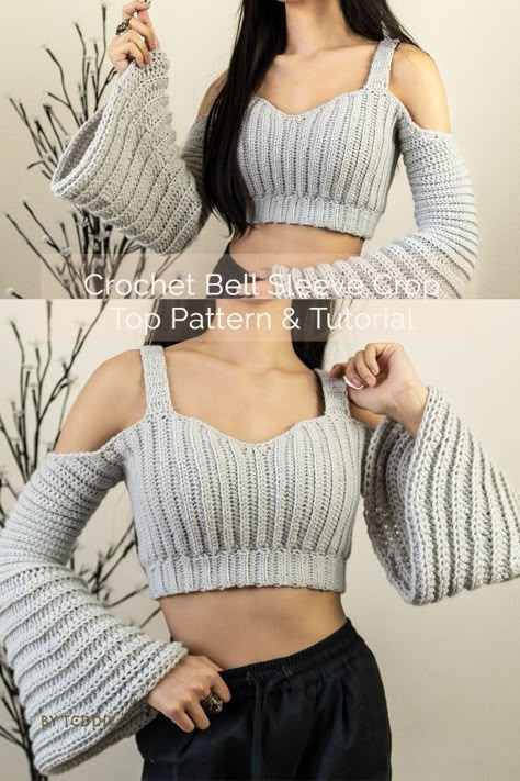 Let's learn to crochet this piece here with our step-by-step pattern! Check it out here! 💖 Be sure to join us on YouTube, Instagram and check out my Etsy @TCDDIY Crochet Shirt Free Pattern, Crochet Jumper Pattern, Crochet Long Sleeve Tops, Crochet Bell Sleeve, Bell Sleeve Crop Top, Crop Top Pattern, Crochet Jumper, Step By Step Crochet, Mesh Tops