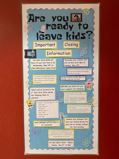 End Of Year Ra Bulletin Board, Spongebob Bulletin Board Ideas, College White Board Ideas, Spongebob Classroom Theme, College Bulletin Board, Graduation Bulletin Board, White Board Ideas, Residence Life Bulletin Boards, February Bulletin Boards