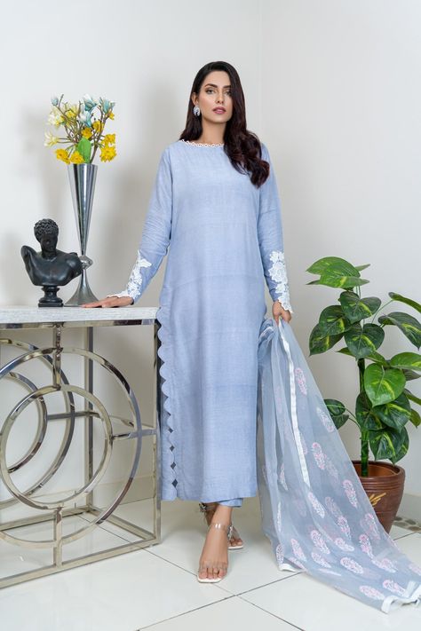 Stand out in a sea of dresses with Shireen Lakdawala's Designer Blue Dresses. Made with high-quality fabric and featuring stunning details, these designer dresses are perfect for girls of all ages. Shop now for the ultimate elegance! Pakistani Pant Kurti Design, Plain Fabric Suit Designs, Plain Dress With Lace Design Pakistani, Cutwork Dresses Pakistani, Long Shirts Design Pakistani, Indian Suit Sleeves Design, Fancy Long Shirts Pakistani, Silk Dress Ideas Pakistani, Kamiz Design With Lace