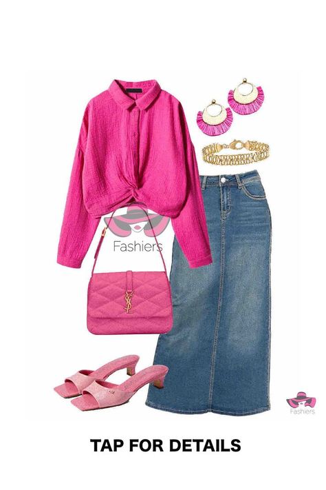 Pink Shoulder Bag Outfit, Maxi Denim Skirt Outfit, Pink Kitten Heels, Denim Skirt Outfit, Shoulder Bag Outfit, Maxi Denim Skirt, Denim Skirt Fashion, Denim Skirt Outfits, Pink Shoulder Bag