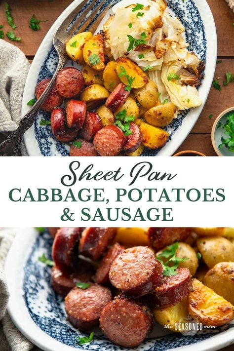 Cabbage Sheet Pan Dinner, One Tray Oven Dinners, Sheet Pan Cabbage, Cabbage Potatoes And Sausage, Pan Veggies, September Meals, Cabbage Sausage, Potatoes And Sausage, Cabbage Potatoes