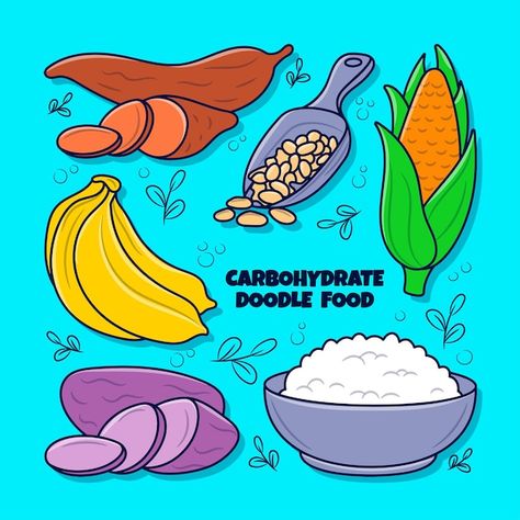 Carbohydrate food element set with color... | Premium Vector #Freepik #vector #carbohydrates #carbs #wheat-bag #food-groups Carbohydrates Food Drawing, Carbohydrates Drawing, Carbohydrates Food List, Educational Quotes, Wheat Bag, Complex Carbs, Shirt Painting, Name Decorations, Carbohydrates Food