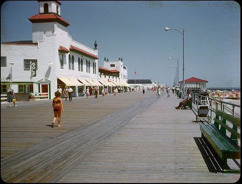 Boardwalk, Ocean City, NJ - 1966. Back then, that large building on the left housed The Connoisseur gift shop (yum!), Copper Kettle Fudge and a Starbucks-like place before coffee shops became common. Okay, I admit the coffee shop may not have made an appearance until after 1966. Anyway, I mourn the loss of each shop that used to be in the building. (nothing against Air Circus---which is cool in its own way---but I don't salivate over their stock the way I did the Connoisseur's. Ocean City Nj Boardwalk, Brigantine Beach, Nj Beaches, Tower Apartment, Ocean City Nj, Sea Resort, Miniature Golf, Ocean City Maryland, Ocean City Md