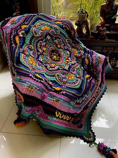 Ravelry: tpreadi's Karoo Vintage Blanket with Tassels Karoo Crochet Blanket, Karoo Vintage Blanket, Freeform Crochet Blanket, Fantasy Crochet Patterns, Mandala Crochet Blanket Free Pattern, Mandala Crochet Blanket, Crocheted Blanket Patterns, Boho Crochet Blanket, Crochet Along