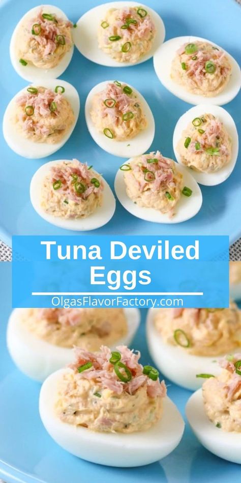 Deviled eggs are a perfect appetizer, snack or lunch option. These Tuna Deviled Eggs are zesty and creamy and have some crunchy texture from the celery and pickle. Doubled Eggs Recipe, Non Traditional Deviled Eggs, Tuna Deviled Eggs Recipe, Tuna Snacks, Tuna Deviled Eggs, Egg Appetizers, Salmon Deviled Eggs, Gourmet Deviled Eggs, Devilled Eggs Recipe Best