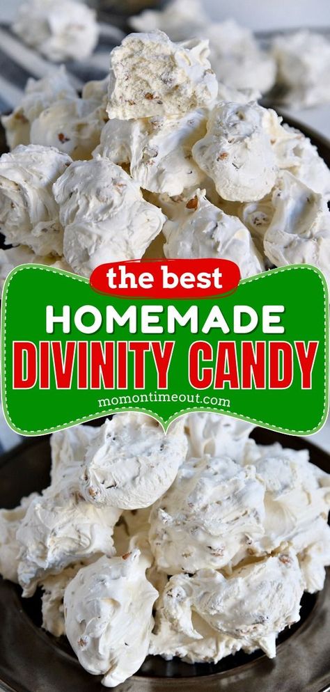 Look no further than The BEST Divinity Candy ever! It's an easy holiday recipe in the microwave. Sweet, chewy, and wonderfully decadent, this homemade candy is a Christmas dessert everyone will love! Microwave Divinity, Divinity Candy Recipe, Divinity Candy, Holiday Baking List, Mom On Timeout, Thanksgiving Cakes, Easy Vegetarian Dinner, Homemade Candy, Candy Recipe