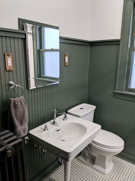 1920s Bathroom, Bungalow Bathroom, Chicago Bungalow, Beadboard Bathroom, Beadboard Wainscoting, Small Bathroom Renovations, Mansion Designs, Downstairs Bathroom, Upstairs Bathrooms