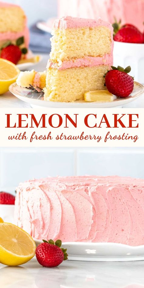 Easy Strawberry Lemon Cake, Lemon Strawberry Cake Recipe, Strawberry Lemon Birthday Cake, Lemon Cake With Strawberries, Lemon And Strawberry Cake, Beginner Cake Recipes, Strawberry Lemon Desserts, June Birthday Cake, Spring Cake Flavors