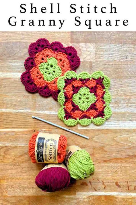 Shell Granny Square, Shell Stitch Granny Square, Granny Square Projects, Scalloped Border, Pot Stand, Keep Working, Shell Stitch, Granny Squares Pattern, Crochet Stitches Patterns