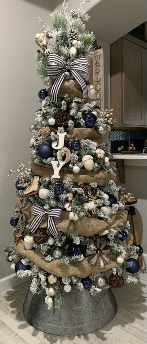 Navy Farmhouse Christmas Tree, Navy Blue Farmhouse Christmas Tree, Neutral And Navy Christmas Tree, Christmas Navy Blue Decor, Navy White Christmas Decor, Farmhouse Blue Christmas Decor, Blue And Wood Christmas Tree, Navy And Burlap Christmas Tree, Navy Blue Tree Decorations