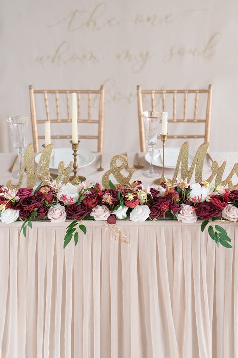 Reception Table Centerpieces, Burgundy And Blush Wedding, Sweetheart Table Wedding, Marsala Wedding, Reception Table Decorations, Handmade Bouquets, Wedding Vision, Vintage Wedding Decorations, Wedding Tables