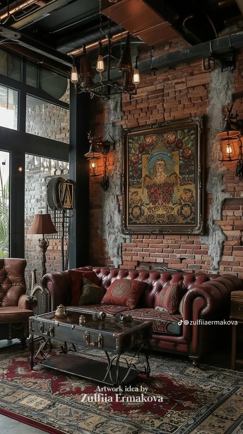 Post Apocalyptic Interior Design, Vintage Warehouse Interior Design, Film Office Work Spaces, Industrial Gothic Interior, Punk Apartment, Wall Separation Ideas, Steampunk Living Room, Industrial Boho Decor, Loft Aesthetic