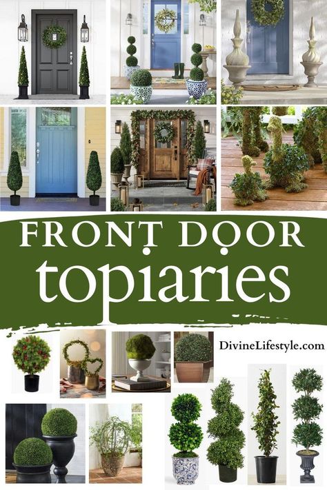 Our front door topiary ideas feature ways to elevate the look of your front porch with gorgeous greenery. Porch Topiary, Porch Architecture, Topiary Ideas, Live Topiary, Faux Outdoor Plants, Front Door Images, Front Door Plants, Front Door Planters, Porch Trees