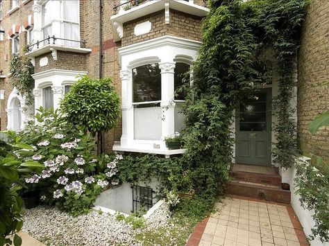 White Front Door Exterior, Victorian Terrace Garden, Victorian Entrance, Victorian Front Garden, Front Door Exterior, Garden Well, Basement Flat, White Front Door, Door Colour