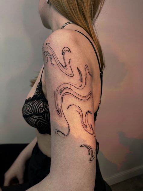 Abstract Shoulder Tattoos For Women, Abstract Wrap Around Tattoo, Shoulder Swirl Tattoo, Water Swirl Tattoo, Back To Arm Tattoo, Spiral Arm Tattoo, Arm To Shoulder Tattoo, Above Elbow Tattoos, Water Flow Tattoo