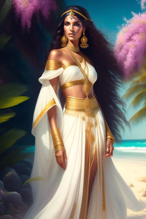 Egyptian Goddess Dress, Egyptian Goddess Costume, Goddess Wedding, Egyptian Party, Egyptian Dress, Female Character Design Brunette, Beautiful Animation, Egyptian Princess, Arabian Princess