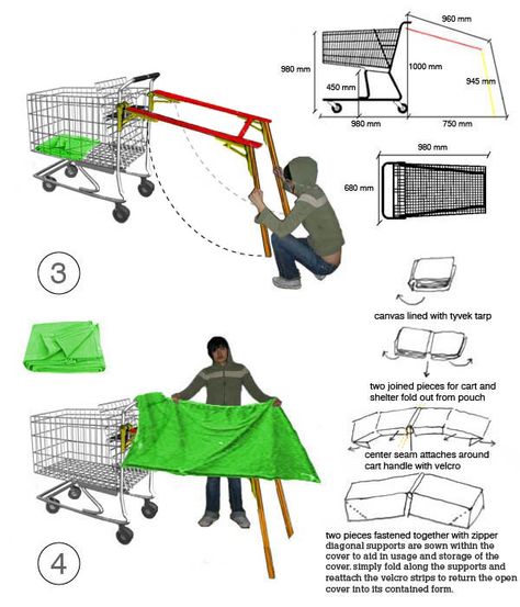 shopping cart shelter | designboom.com Portable Homeless Shelter Ideas, Homeless Architecture, Homeless Shelter Ideas, Homeless Shelter Design, Zombie Survival Vehicle, Nomadic Furniture, Homeless Housing, Portable Shelter, Bike Motor