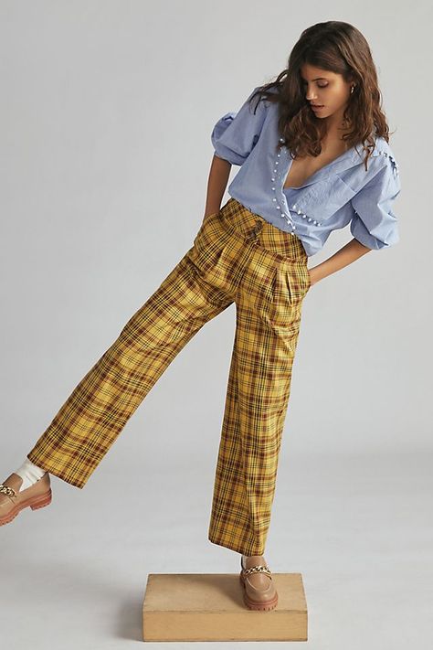 Eclectic Clothing Style, Plaid Pants Outfit, Funky Pants, Anthropologie Clothing, Anthropologie Style, Yellow Plaid, Plaid Pants, Pants Pattern, 50 Fashion