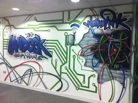 Graffiti Wall Art Interior Design Office, Office Graffiti, Wall Computer, Office Fitout, Office Mural, School Wall Art, Office Artwork, Mechanical Art, Graffiti Artwork