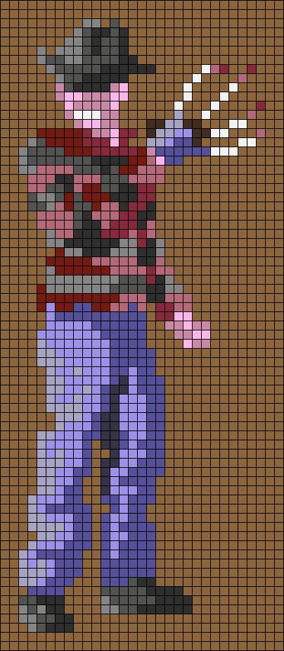 Alpha pattern #162731 | BraceletBook Horror Characters Pixel Art, Freddy Krueger Pixel Art, Horror Tapestry Crochet, Horror Movie Pixel Art, Horror Alpha Pattern, Freddy Krueger Sweater, Pixel Blanket, Blanket Squares, Crochet Grid