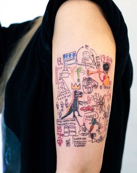 Basquiat Style Tattoo, Colored Shoulder Tattoo, Hongdam Tattoo, 35mm Tattoo, Basquiat Tattoo, Tattoo Special, Cool Shoulder Tattoos, Special Tattoos, Mens Shoulder Tattoo