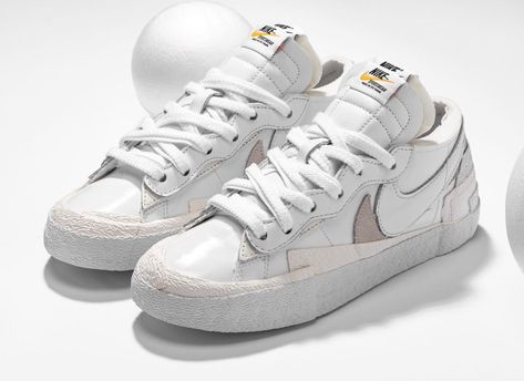 Sacai Blazer Low Outfit, Low Rise Blazers Nike, Nike Blazer Low Platform White, Nike Sacai Blazer Low, Nike Blazer Low Sacai White, Sacai Blazer, Nike Blazer Low, New Sneaker Releases, Nike Sacai