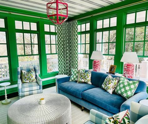 Prudence Bailey on Instagram: "This sunroom in our New Jersey project makes my heart sing as all the rooms. My clients love of color parallels my own and we had so much fun. This is just a shot from an iPhone but had to share. Can’t wait to shoot this project once it’s totally done later this year!! #colordrunkdesigns" Blue Velvet Couch, Cows Grazing, Upholstered Chairs Fabric, Dana Gibson, House Of Turquoise, Chinoiserie Decorating, Home Decor Brand, Colourful Living Room, Pink Tea