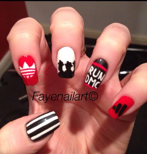 Run Dmc nails Hip Hop Nails, 80s Hip Hop Party, Hip Hop Party Theme, Nails Design Simple, Adidas Nails, 80's Theme, 80s Hip Hop, Skating Party, Halloween Acrylic Nails