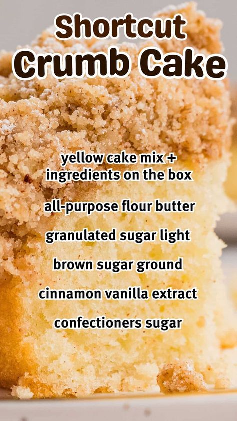 Make an incredible New York style crumb cake with cake mix in minutes with this easy recipe. It’s buttery and moist, with a generous layer of homemade crumb topping that's simply irresistible. If you’re craving the best crumb cake with less fuss, this recipe will be your new go-to! Coffee Cake Cake Mix Recipes, Ny Style Crumb Cake, Crumb Coffee Cake Recipes, Recipes With Boxed Cake, Bread From Cake Mix Easy Recipes, Bread Crumb Recipes, Burnt Sugar Cake Recipe, Crumb Cake With Box Cake, Crumb Coat Icing Recipe