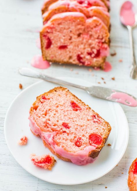 Sweet+Soft+Cherry+Bread+with+Cherry-Almond+Glaze+-+An+easy+quickbread+that's+perfect+for+Valentine's+Day,+Easter,+or+Mother's+Day!+Because+you+can+never+have+too+much+pink! Cherry Nut Bread, Pink Bread, Holiday Breads, Almond Glaze, Cherry Bread, Healthy Fruit Desserts, Gateaux Cake, Cherry Almond, Cherry Recipes