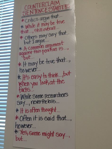 Counterclaim sentence starters; use an AAAWWUBBIS in the persuasive to keep it simple for ELL's or anyone, for that matter... Argument Writing, Easy Essay, Literary Essay, 5th Grade Writing, Third Grade Writing, Body Paragraphs, Argumentative Writing, Classroom Anchor Charts, Expository Writing