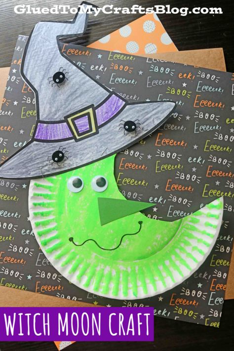 Paper Plates Halloween Crafts, Witch Art For Preschool, Witch Craft Preschool, Moon Craft, Halloween Crafts Preschool, Monster Craft, Witch Moon, Hallowen Ideas, Moon Crafts