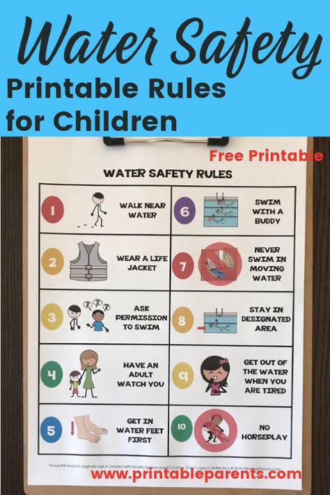 Free printable water safety rules for kids.  Teach your children about rules for water safety. Water Safety Activities, Teaching Safety, Safety Rules For Kids, Safety Pictures, Safety Games, Safety Activities, Safety Crafts, Beach Safety, Safety Slogans