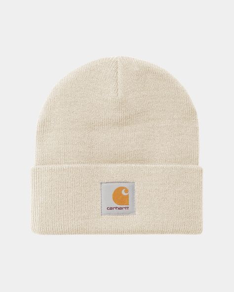 Color: Salt - The Short Watch Hat is an updated version of one of Carhartt WIP’s staple pieces, the Acrylic Watch Hat. It is knit from warm acrylic yarn in a stretchy rib stitch that ensures comfort and a fit suitable for everyone. A woven Square Label on the cuff completes the design.   \ 100% Acrylic, 9 gauge  \ Height: 21 cm / 8.2 inch  \ Square Label Carhart Hats, Kavu Bag, Carhartt Beanie, Rib Stitch, Acrylic Fabric, Knitted Poncho, Vintage Branding, Carhartt Wip, Fabric Squares