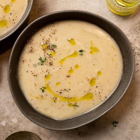 Vegan Cream of Chicken Soup Bobby Flay Brunch, Celery Root Soup, Root Soup, Bobby Flay Recipes, Dairy Free Cream, Celery Root, Vegan Style, Potato Vegetable, Comfort Soup