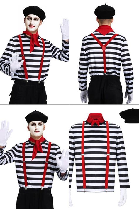 Who needs words when you can communicate through gestures and facial expressions? 🤔🎭 #Takerlama French Outfit Men, Mime Clown, French Mime, Mime Costume, Mime Artist, Clown Outfit, Clown Show, Halloween Theme Party, French Outfit